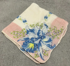 Handkerchief Ladies Pink Border Blue Flowers Rolled Edge Cotton 13 inch Vintage - £6.20 GBP