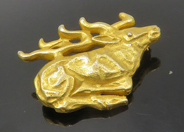 MMA  925 Silver - Vintage Shiny Gold Plated Reindeer Motif Brooch Pin - BP5471 - £50.30 GBP
