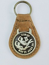 Vintage Gemini II leather keychain keyring metal back Tan w Black Face - $10.29