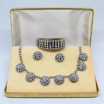 Aurora Borealis Necklace Earrings Bracelet Set 1960s Semicircle Ball Charms Vtg - £115.85 GBP