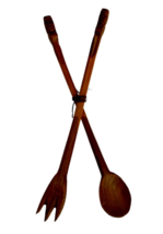 Wooden Salad Serve Fork Spoon w HeadsHand Carved Primitive Vintage 11 Inches - £11.57 GBP
