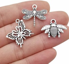 3 Insect Charms Bee Pendant Antiqued Silver Assorted Set Butterfly Findings Mix - £2.31 GBP
