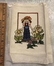 Vtg Completd Finishd Cross Stitch Brunette Girl in Overalls Flowers 7&quot; x... - £13.96 GBP