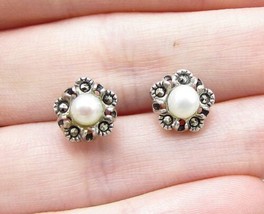 925 Sterling Silver - Freshwater Pearl &amp; Marcasite Floral Stud Earrings ... - $22.63