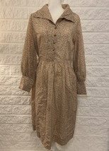 Vintage 60S Tan Brown Floral Long Puff Sleeve Dress Handmade Size Medium... - £43.89 GBP