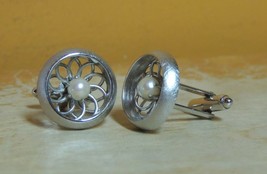 Vintage Pair Dante Cufflinks Cuff Links pinwheel brushed silver tone faux pearl - £5.76 GBP