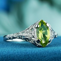 Natural Marquise Peridot Vintage Style Solitaire Ring in Solid 9K White Gold - £320.51 GBP