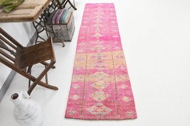 2.6x10 Vintage Herki Runner, Turkey Vintage, Handmade Pink Rug, Wool On Cotton, - £300.61 GBP