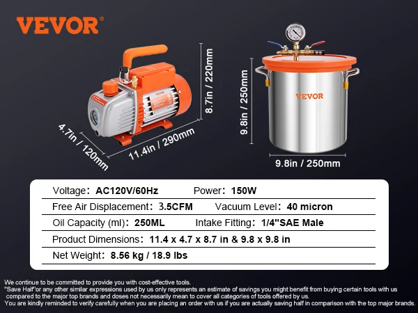 VEVOR 3GAL/5GAL Vacuum Chamber&amp;3.5CFM Pump Kit Tempered Gl Lid Vacuum Deging Cha - £325.87 GBP