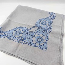 Blue square vintage tablecloth with flower motif stonewashed embroidery style - $32.38