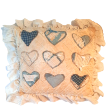 1980s Quilted Pillow Distressed Yellow Blue Hearts Lace Tea Stain Home Decor - £18.66 GBP
