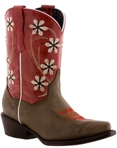 Girls Red Flower Embroidered Cowgirl Plain Leather Boots Kids Snip Toe - £43.24 GBP
