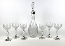 Vintage Crystal And Sterling Silver Mark 925 Set Decanter and 6 wine Gla... - £418.14 GBP