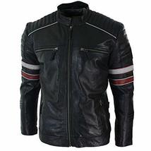 Men&#39;s Racing Black Biker Jacket Red White Stripes Real Leather Casual Fit black  - £115.37 GBP