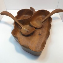 Genuine Tropical Island Wooden Monkey Pod Leaf Bowl with Serving Fork an... - $24.74