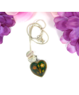 GREEN FLORAL HEART PENDANT Vintage Necklace 2 Charms Enamel Snake Silver... - $21.50 CAD
