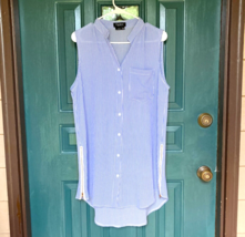 Papillon Shirt Womens Large Blue White Stripe Side Zip Casual Button Top... - $18.50