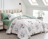 7 Piece Bed In A Bag Queen, Green Leaves Printed On White Botanical Desi... - £70.33 GBP