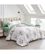 7 Piece Bed In A Bag Queen, Green Leaves Printed On White Botanical Desi... - £69.04 GBP