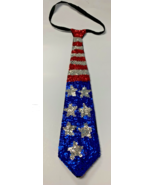 Sequin necktie USA on sides Patriotic stars red blue silver  flag - $31.99