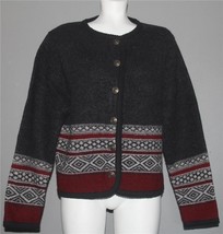Vintage Tally-Ho Grey Burgundy Geo Wool Metal Buttons Sweater Cardigan W... - $32.99