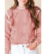 Light Pink Bow Detail Contrast Trim Ruffle Sweater - $70.92 CAD