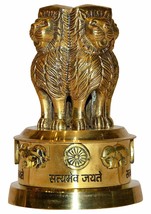 Brass Ashoka Pillar Indian Emblem Four Lions Satyamev Jayete National Flag  - $25.61