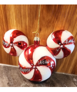 2014 Disney Peppermint Mouse Ears Glass Ornament Happy New &quot;Ear&quot; Red Whi... - $762.24 MXN