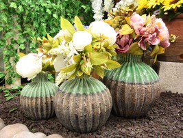 Ceramic Southwestern Contemporary Golden Barrel Cactus Floral Vases Set of 3 - £71.17 GBP