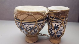 Vintage Rawhide Bongo Drums w/ Ceramic Terracotta Base Decorative - £61.71 GBP