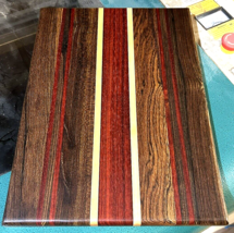 BEAUTIFUL FINISHED CUTTING BOARD WITH EXOTIC BOCOTE &amp; PADAUK &amp; AMERICAN ... - $98.95