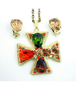 MALTESE CROSS Vintage NECKLACE &amp; Clip On EARRINGS Set Big Rhinestones Te... - £18.37 GBP