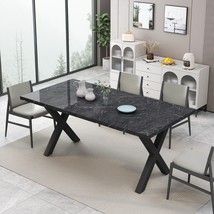 70.87&quot;Modern Square Dining Table with Printed Black Marble Table Top+Black - £230.23 GBP
