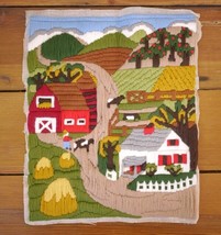 Vintage Kitsch Hand Stitched Wool Crewel Embroidered Farm Barn Countryside Scene - £31.33 GBP
