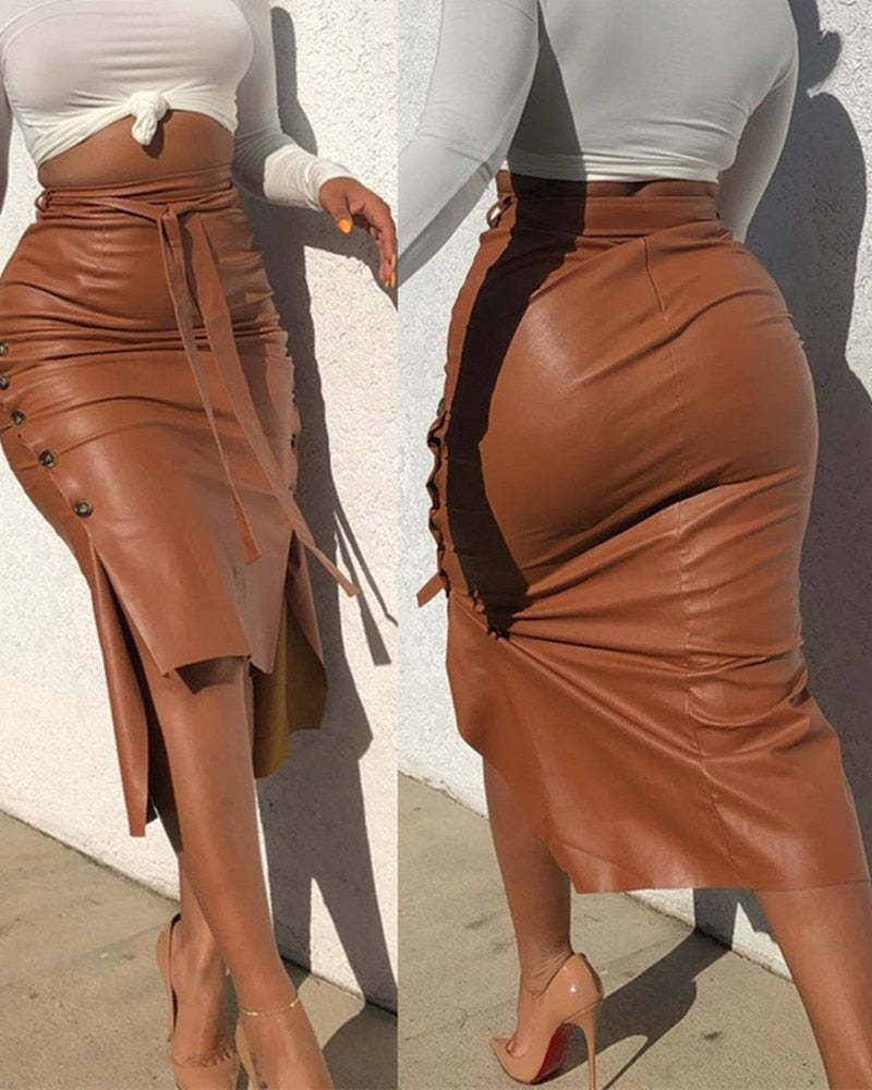 Trendy PU Midi Skirt - $27.95