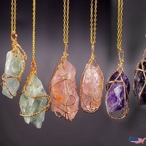 Handmade Wire Wrapped Pendant Natural Stone Crystal Quartz Fluorite Necklace - £8.02 GBP