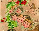 Child Angels Gilt Bells Holly Christmas Greetings 1912 Winsch Back DB Po... - $6.88