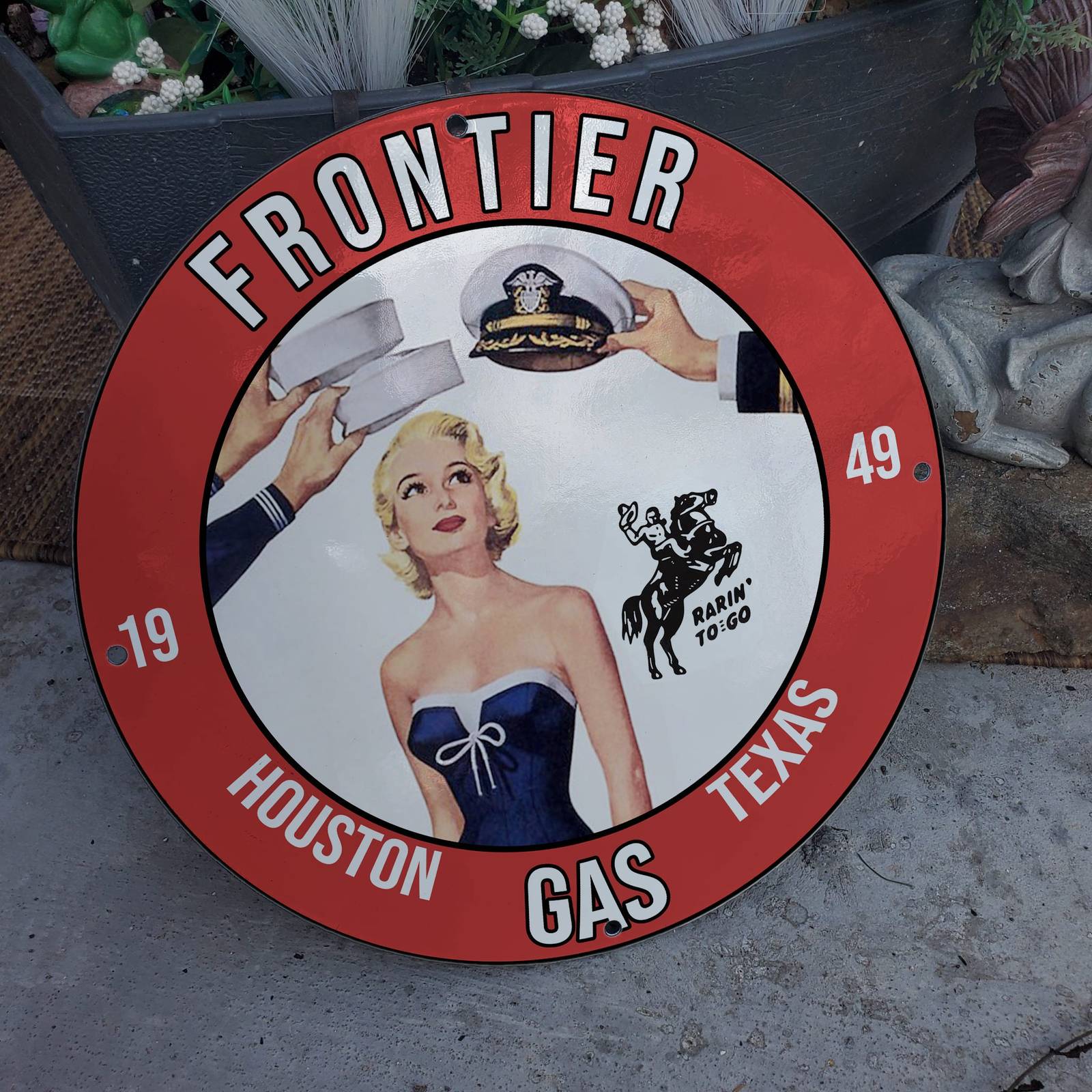 Vintage 1949 Frontier Gas ''Rarin' To Go'' Porcelain Gas & Oil Pump Sign - £98.77 GBP