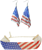 4Th of July American Flag Dangle Earrings Red White Blue Choker Necklace Set Ind - £10.10 GBP