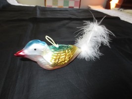 Antique Painted Mercury Glass Bird Tree Ornament - 8&quot; L w/Feather - Loop Hanger - £11.95 GBP