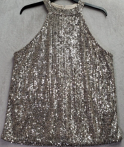 Cable &amp; Gauge Tank Top Women Size Large Tan Silver Sequin Sleeveless Halter Neck - £21.49 GBP