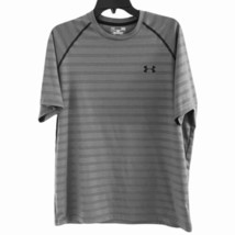 Under Armour L Large Heat Gear Tee Shirt Mens Loose Gray Striped Short S... - £15.00 GBP