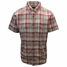 prAna Men&#39;s Raspberry Red Cream Grey Box Plaid Benton S/S Woven Shirt S07 - £10.35 GBP