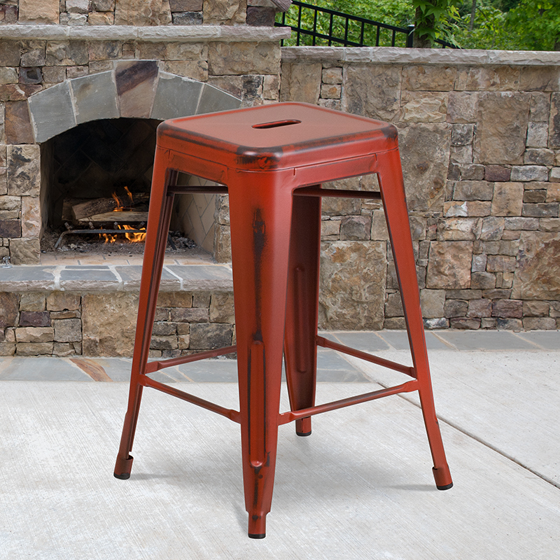 Distressed Red Metal Stool ET-BT3503-24-RD-GG