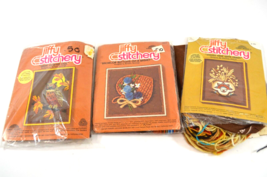 Jiffy Stitchery Embroidery Kits LOT Horned Owl Indian Vase Bachelor Buttons Vtg - £19.63 GBP