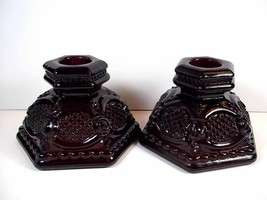 Vintage pair Avon glass ruby Cape Cod candle holders 2.5&quot; tall - $11.35