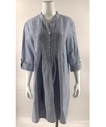 Tahari Shirt Dress Size Large Blue White Striped Roll Tab Sleeve Linen B... - $764.04 MXN