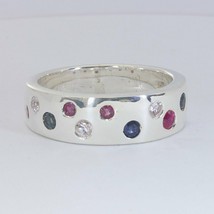 Red White Blue Corundum Ruby Sapphire Rounds Sterling Ring Size 12.25 Design 637 - £83.42 GBP