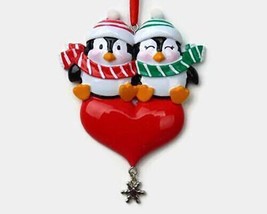 Penguin Couple with Red Heart at Bottom Personalized Christmas Tree Ornament - £4.01 GBP