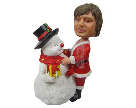 Custom Bobblehead Man Wearing Santa Claus Outfit Posing With A Snowman - Holiday - £183.22 GBP